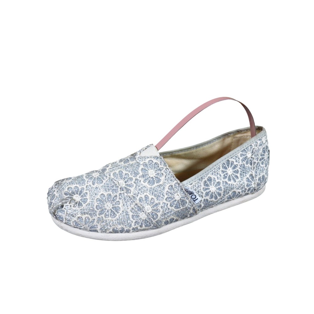 TOMS Alpargata Women Slip On Flat Size 5.5 Sparkle Silver Glitter Crochet Lace
